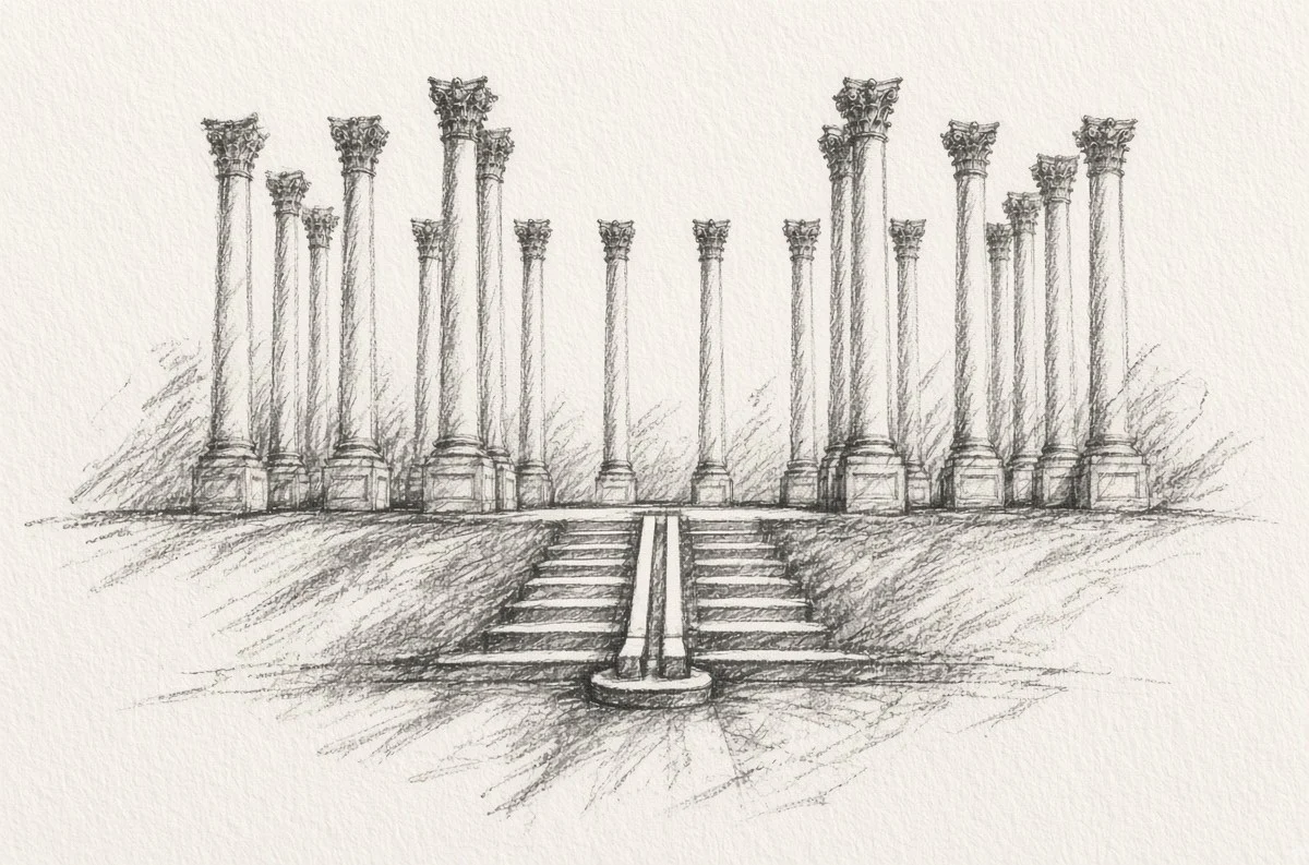 Pencil drawing of the National Capitol Columns and their steps, on textured paper.