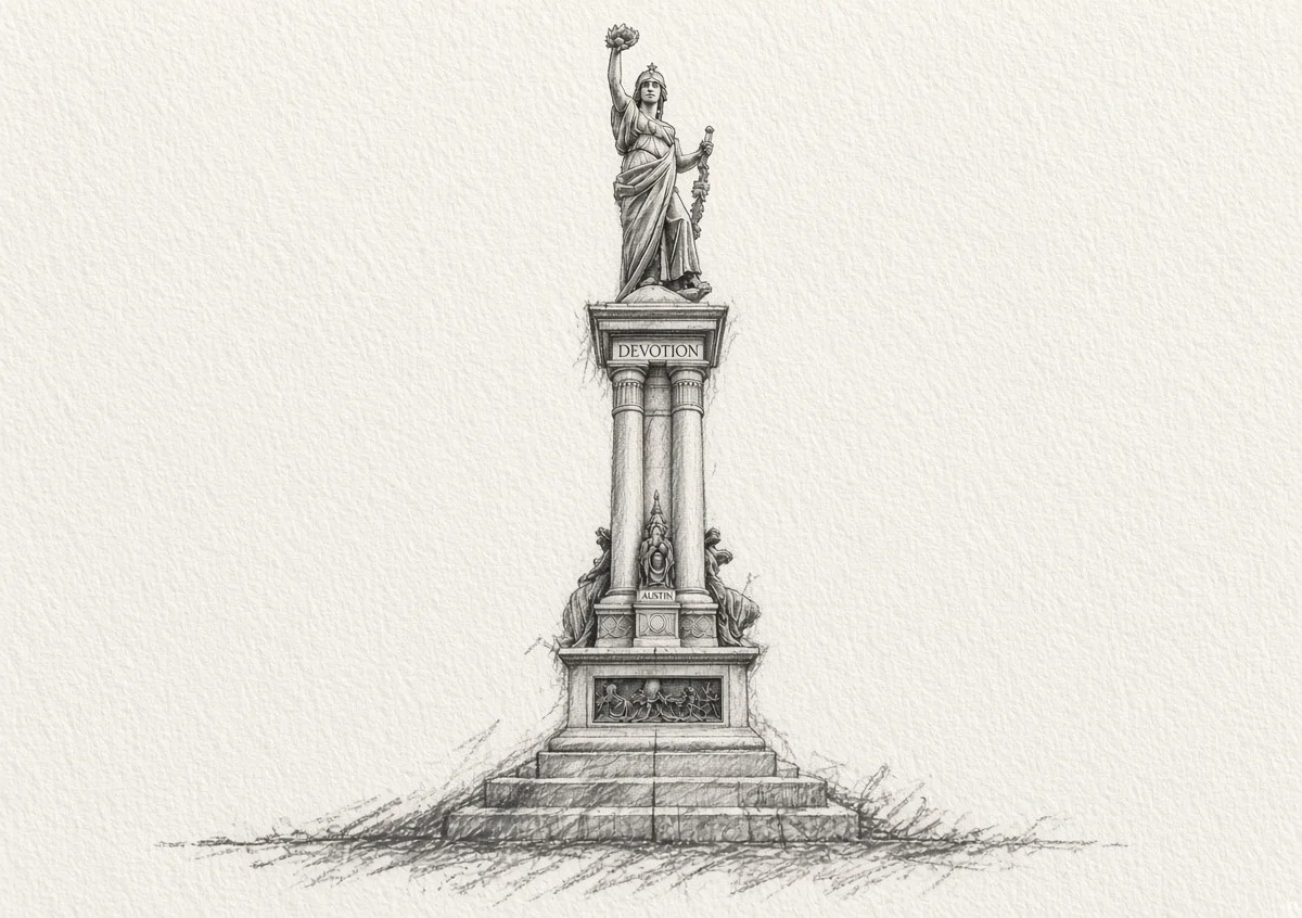 Pencil drawing of the Texas Heroes Monument, the plinth inscribed Devotion, on textured paper.