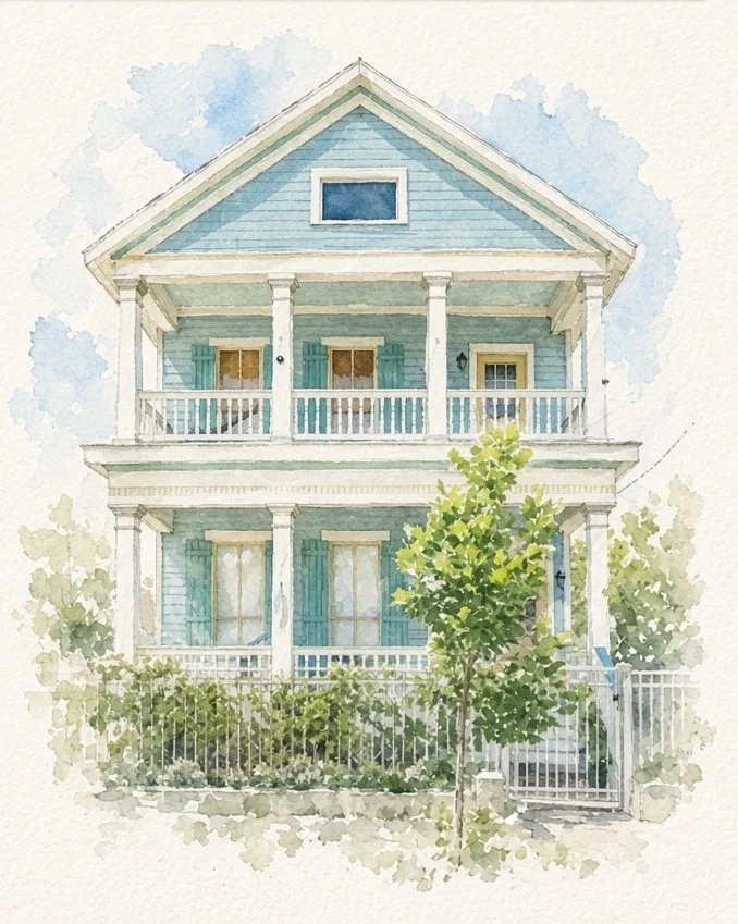 Watercolor of the home office in Galveston.