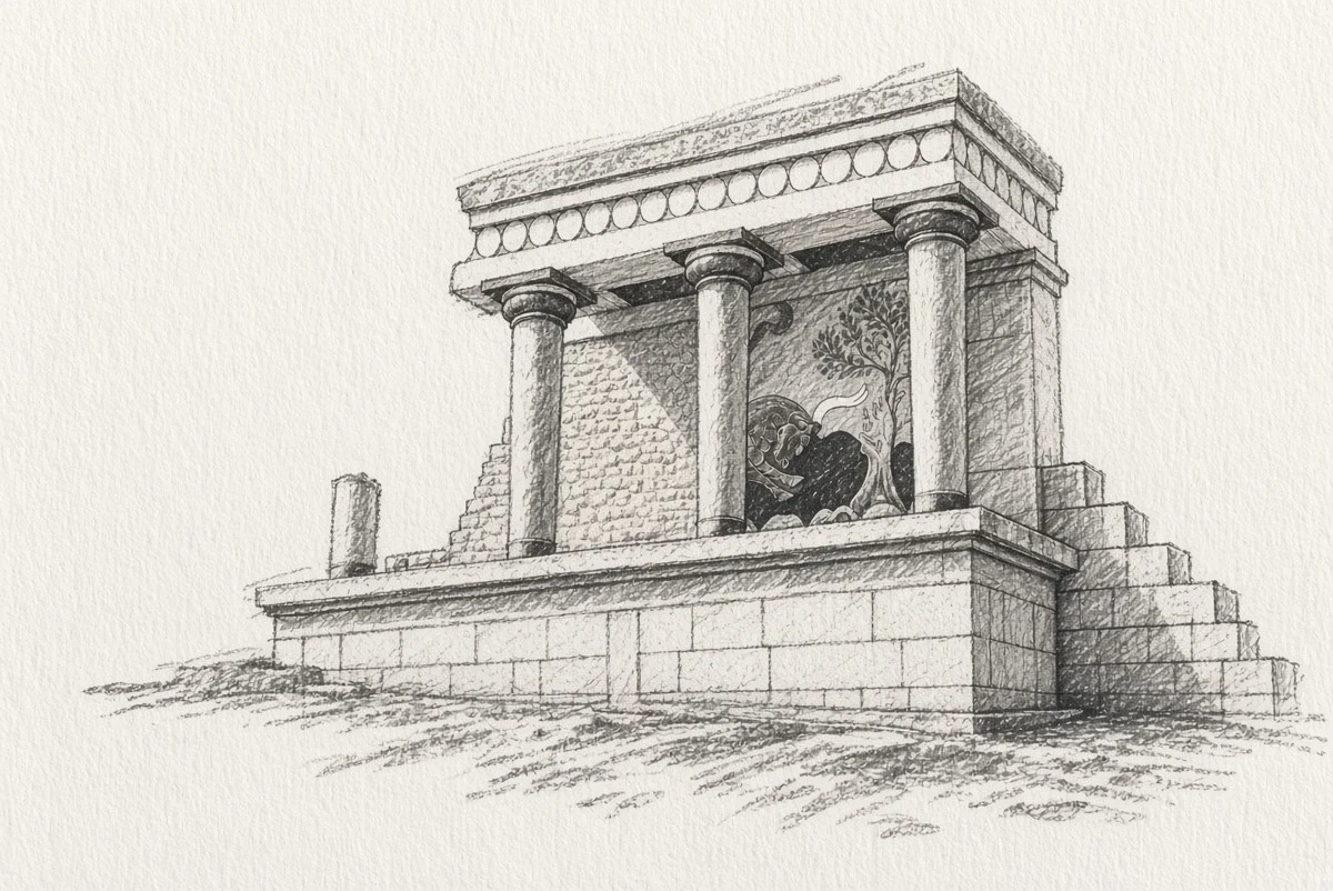 Pencil drawing of a Minoan portico and a bull fresco, on textured paper.